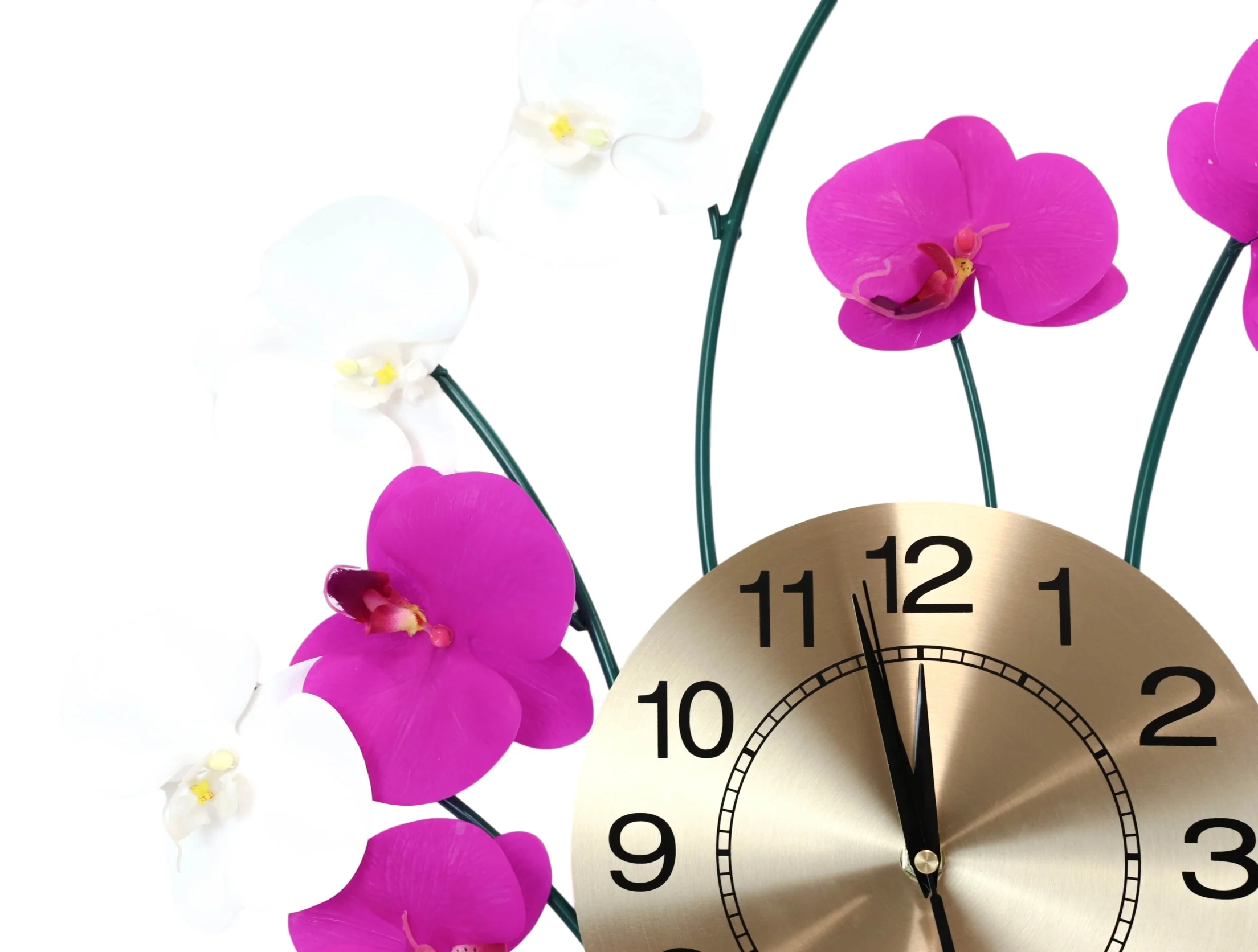 Large Lifelike White Purple Floral Orchid Blooms Gold Plated Metal Wall Clock - Image 4