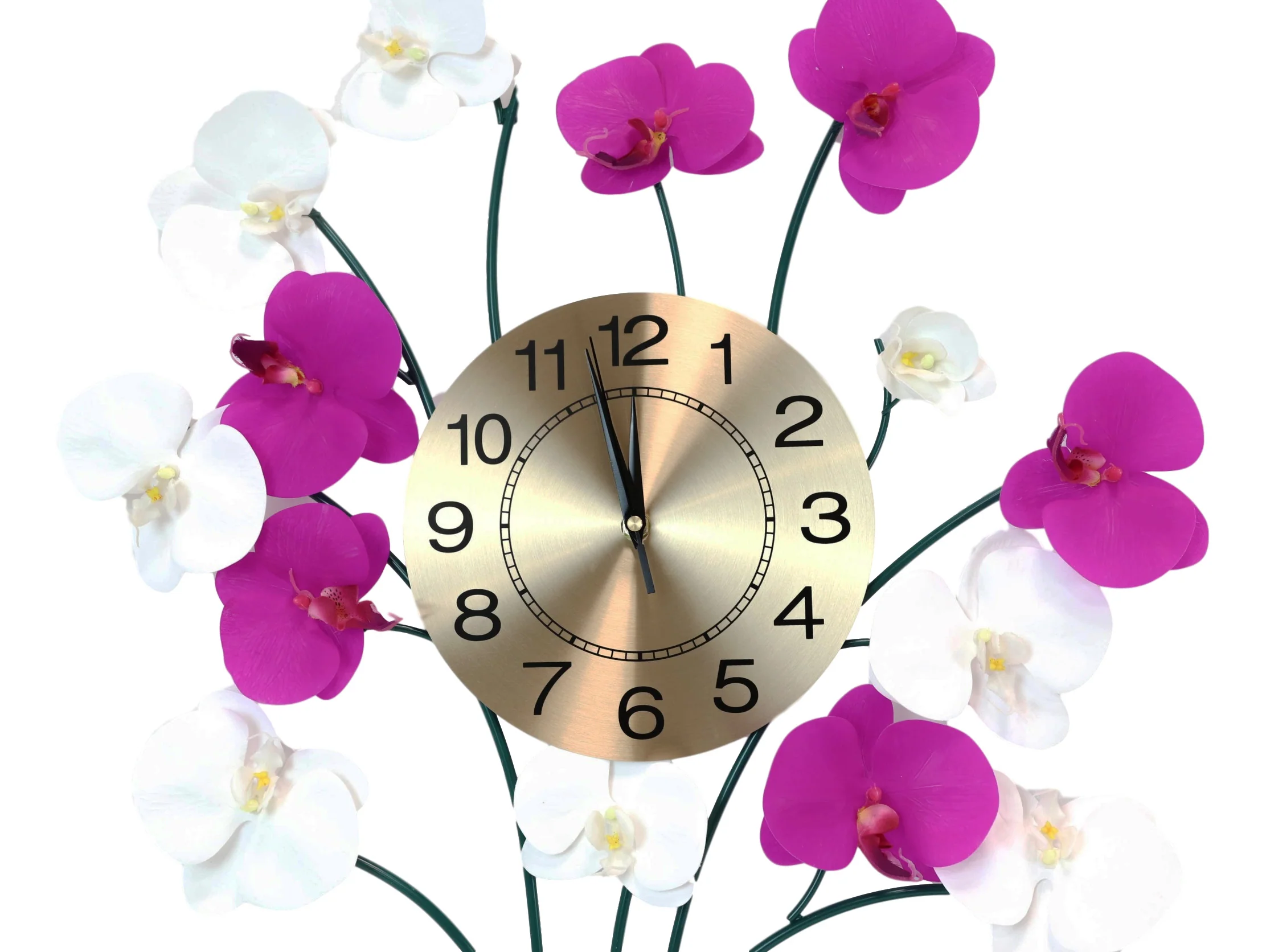 Large Lifelike White Purple Floral Orchid Blooms Gold Plated Metal Wall Clock - Image 5