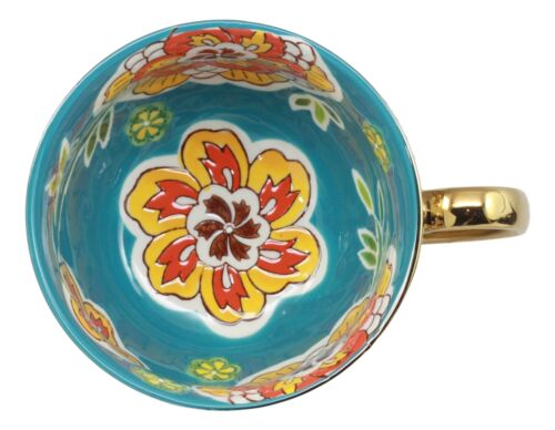 Large Luxury Gold Plated Ottoman Style Turquoise Flower Mug Bowls 28oz Set Of 3 - Image 3