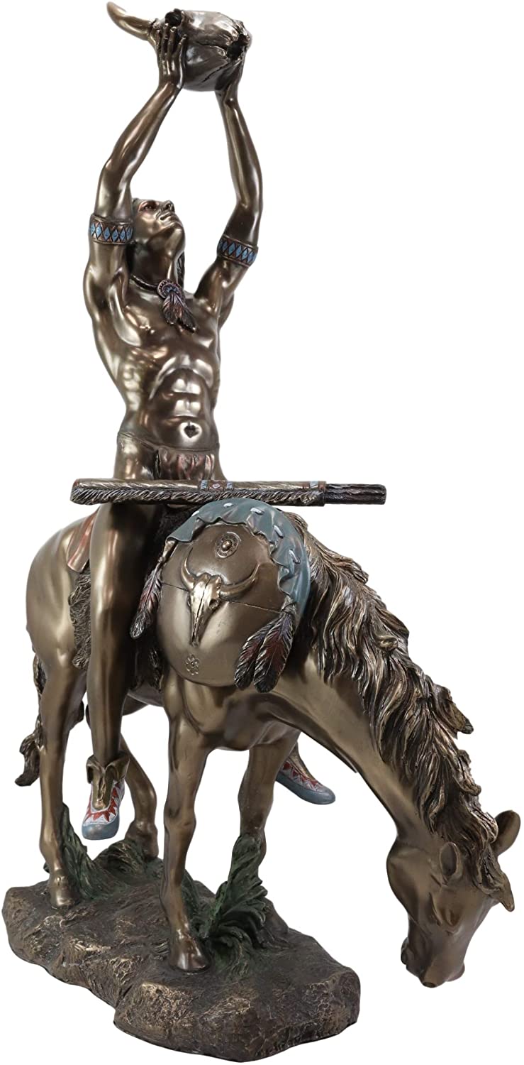Ebros Large Native American Vision Quest Indian Warrior On Horse With Skull Statue 25" - Image 4
