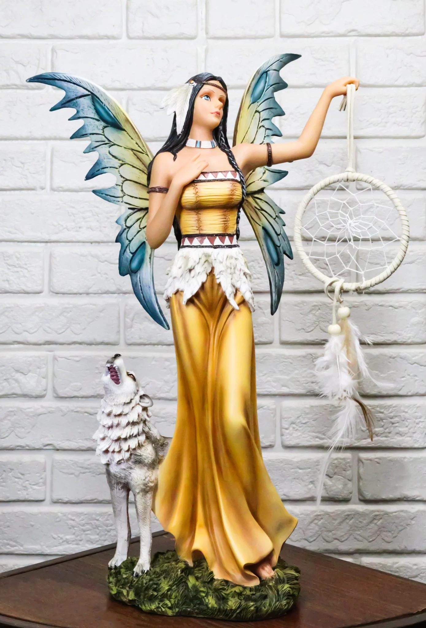 Large Native Indian Fairy Pocahontas Holding Dreamcatcher With Grey Wolf Statue - Image 11