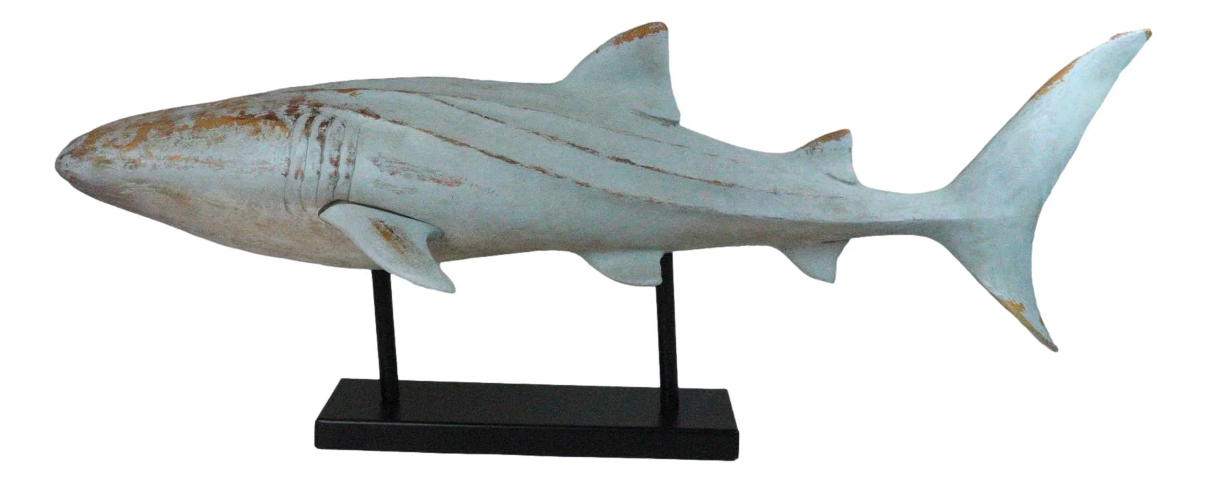 Large Nautical Marine Whale Shark Faux Wood Sculpture On Black Stand 37" Long - Image 3