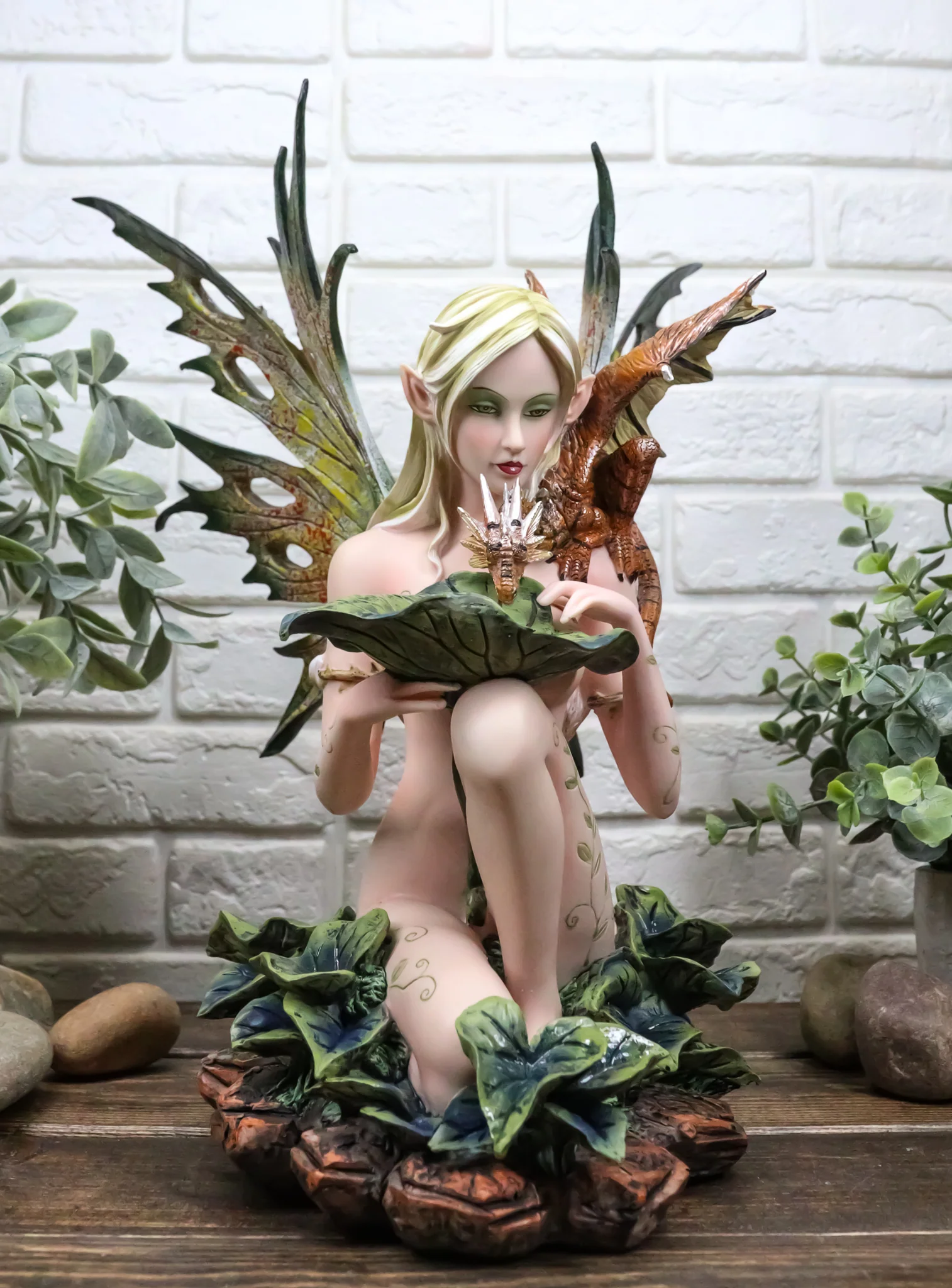 Large Nude Tribal Forest Fairy Feeding Dragon Statue 13"Tall Fantasy Fae Pixie - Image 10