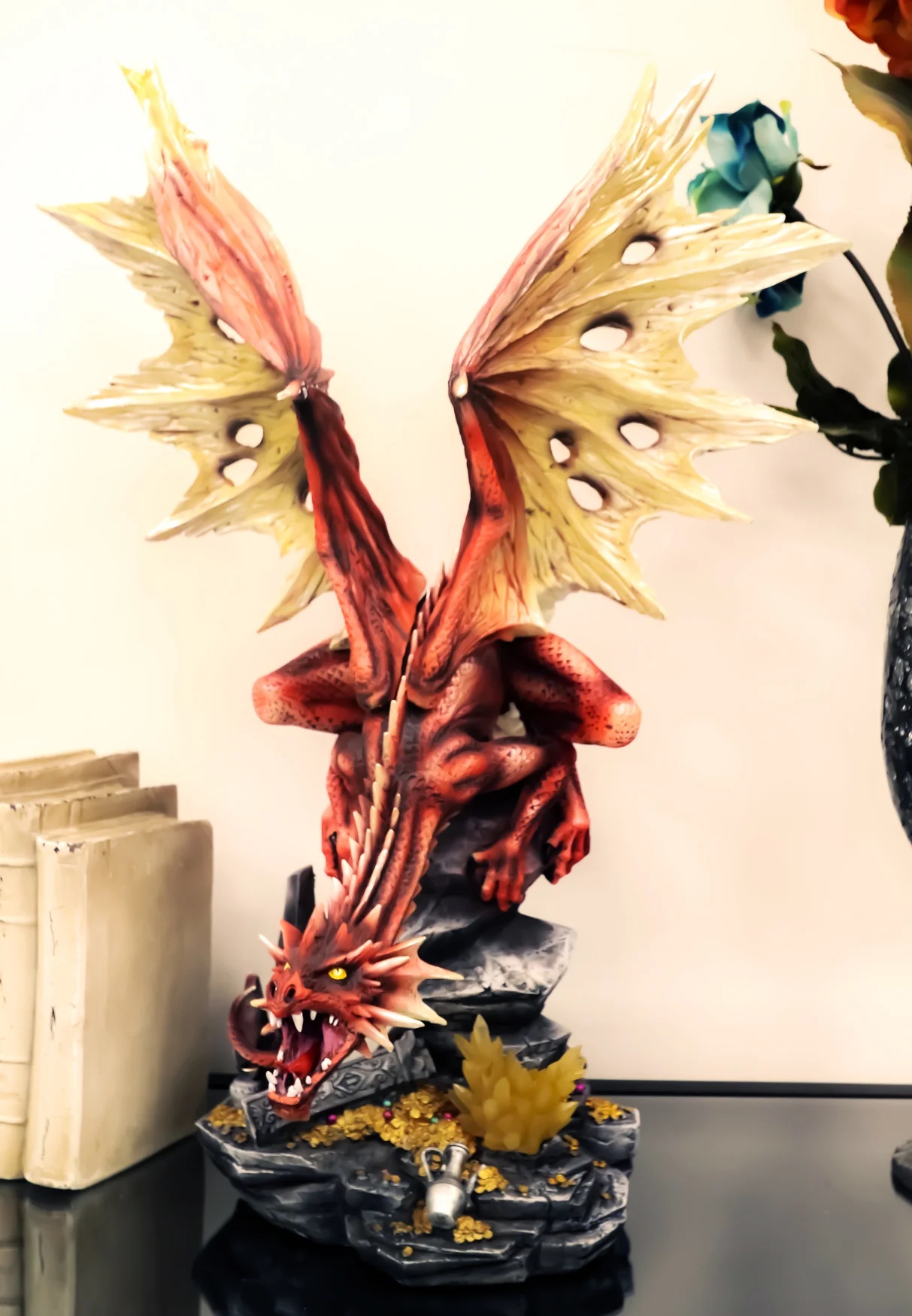 Ebros Large Red Volcano Dragon Crouching On Crystal Cavern Ruins With LED Light - Image 2