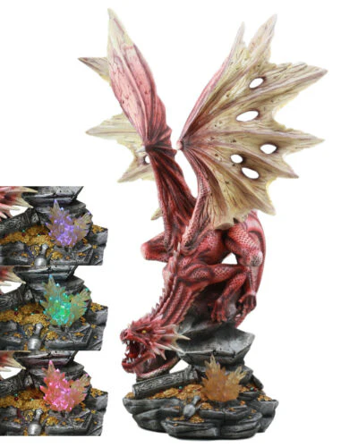 Ebros Large Red Volcano Dragon Crouching On Crystal Cavern Ruins With LED Light - Image 3
