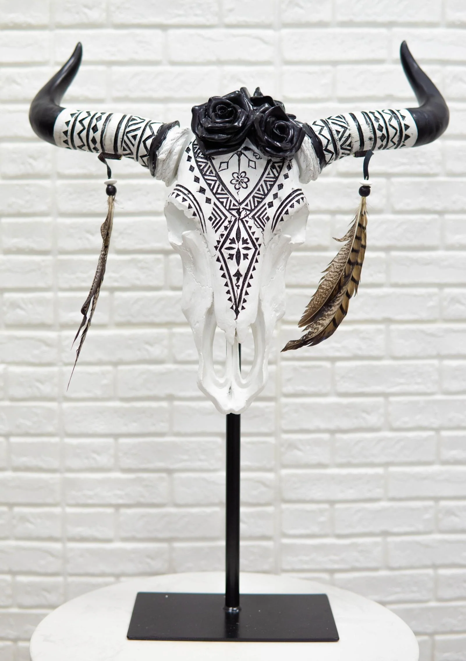 Large Rustic Western Tribal Black Roses Longhorn Cow Skull Desktop Plaque 32"H - Image 10
