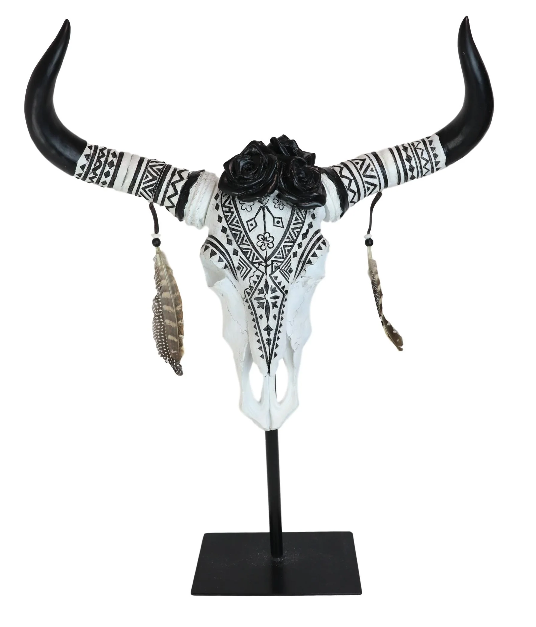 Large Rustic Western Tribal Black Roses Longhorn Cow Skull Desktop Plaque 32"H - Image 2