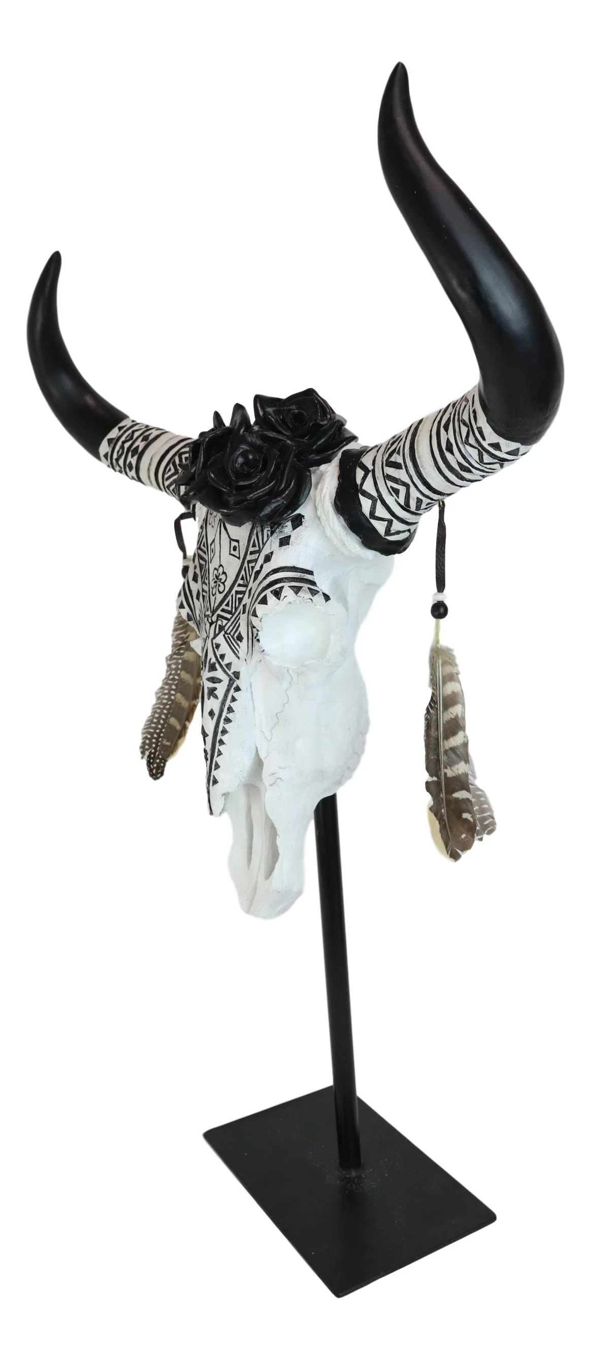 Large Rustic Western Tribal Black Roses Longhorn Cow Skull Desktop Plaque 32"H - Image 3