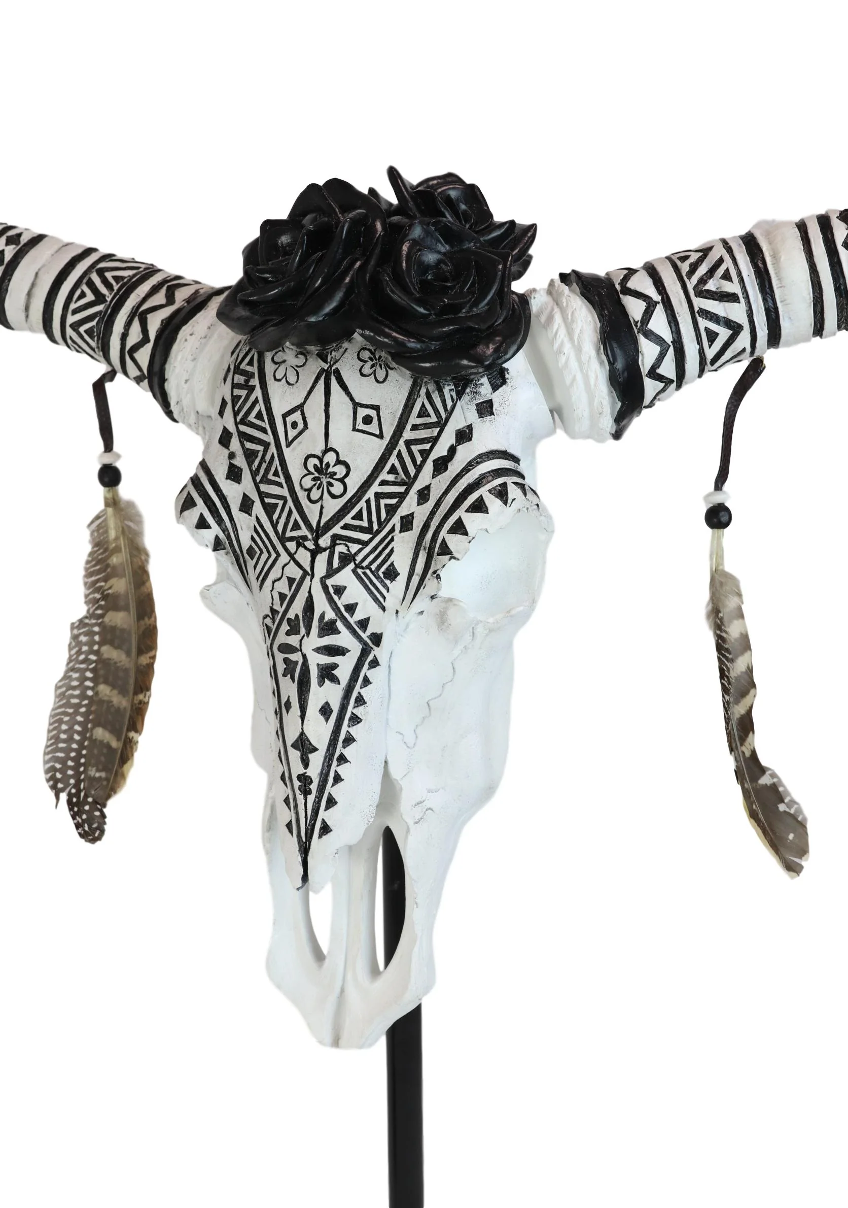 Large Rustic Western Tribal Black Roses Longhorn Cow Skull Desktop Plaque 32"H - Image 5
