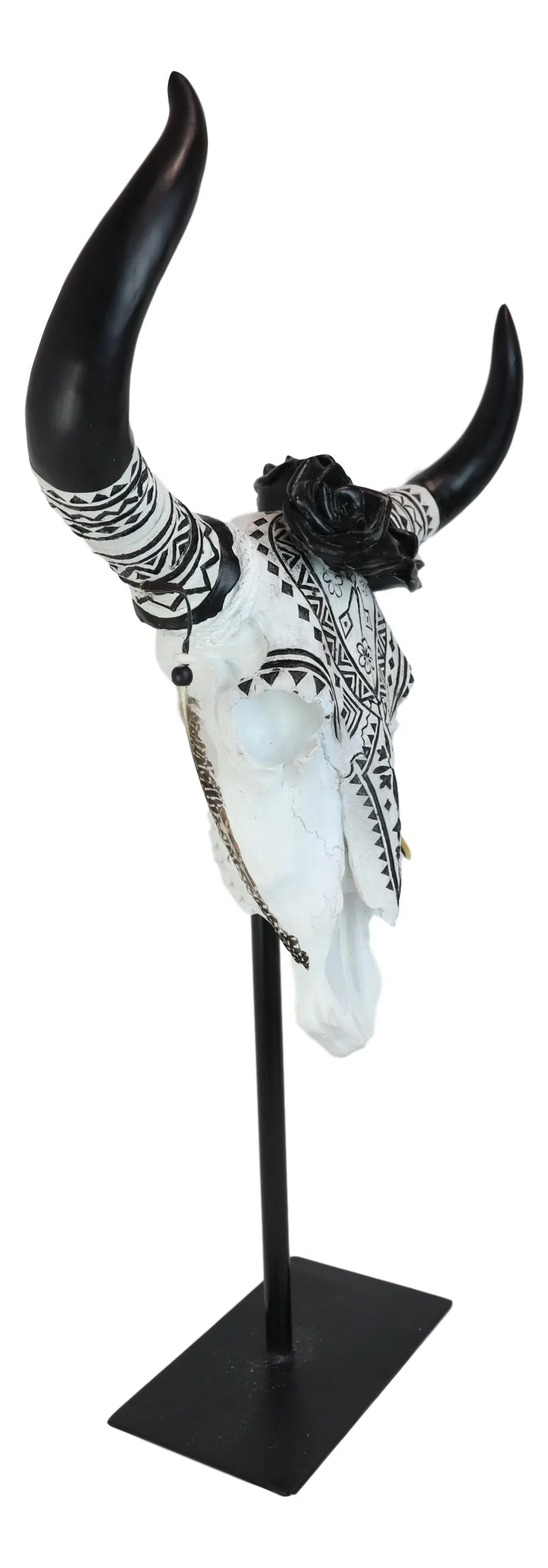Large Rustic Western Tribal Black Roses Longhorn Cow Skull Desktop Plaque 32"H - Image 8