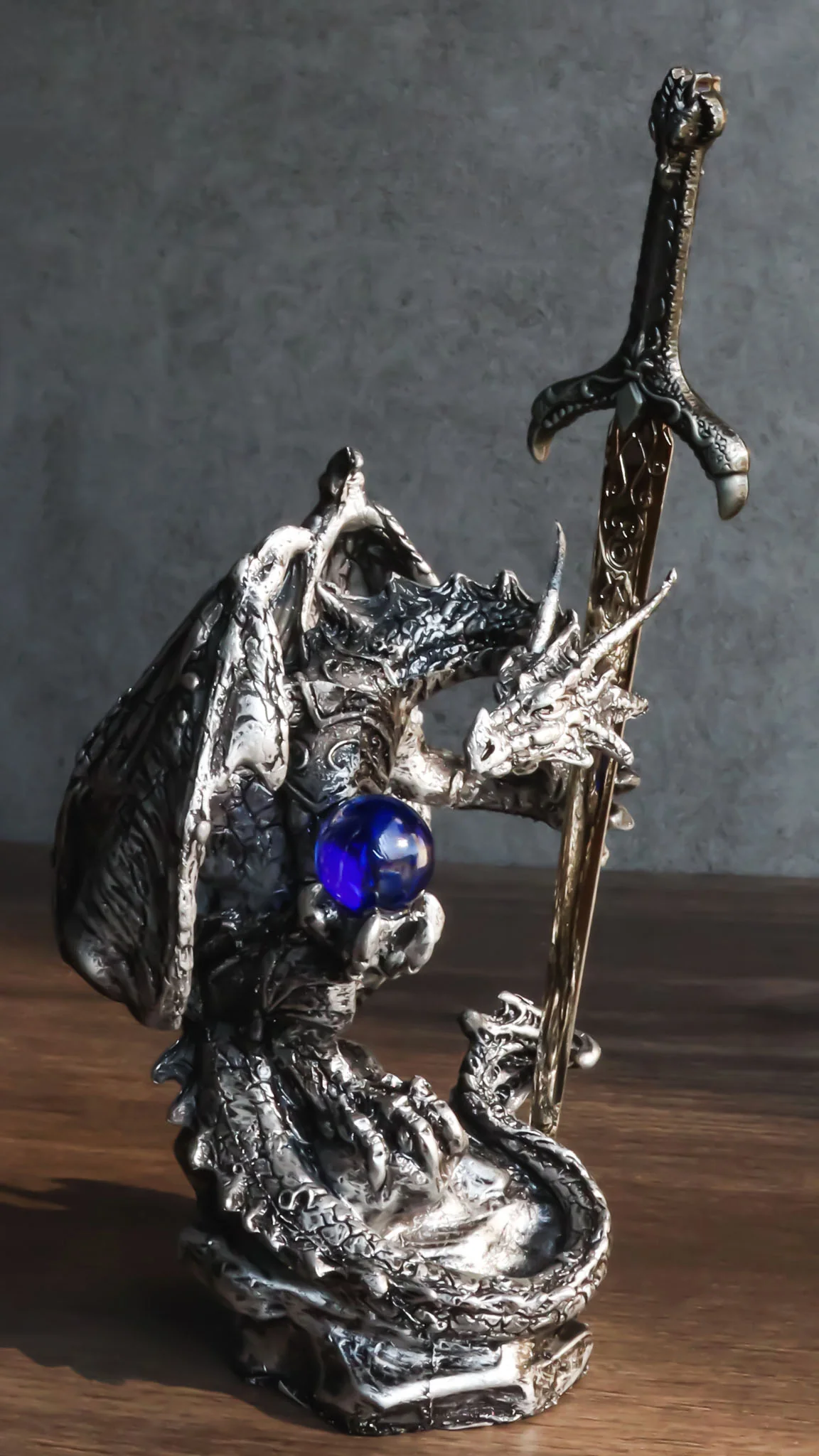 Legendary Silver Sorcerer Dragon Carrying Orb and Sword Letter Opener Figurine - Image 10