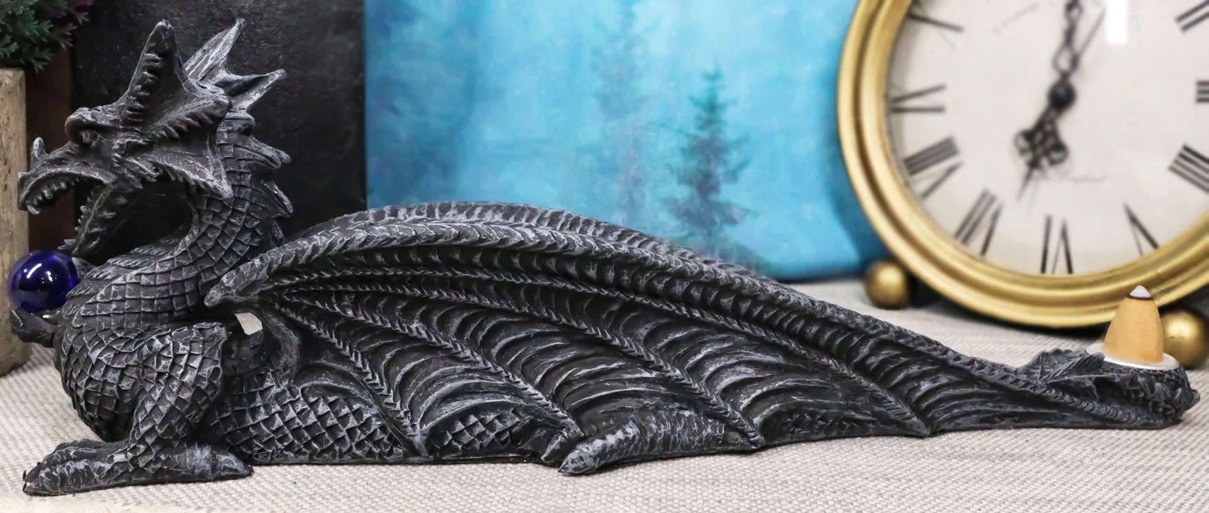 Leviathan Water Dragon Holding Blue Crystal Orb Incense Cone Holder Figurine - Image 8