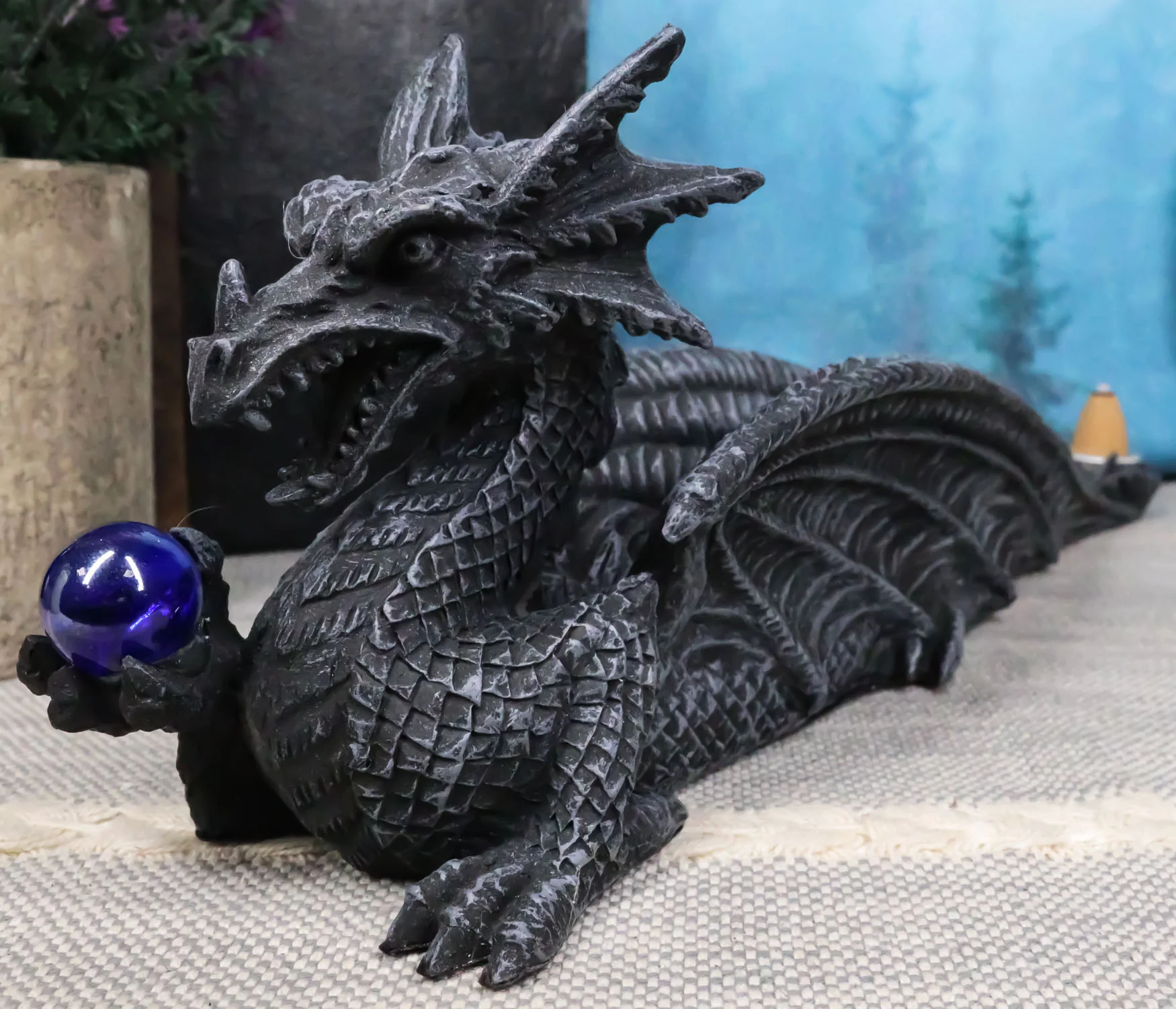 Leviathan Water Dragon Holding Blue Crystal Orb Incense Cone Holder Figurine - Image 9