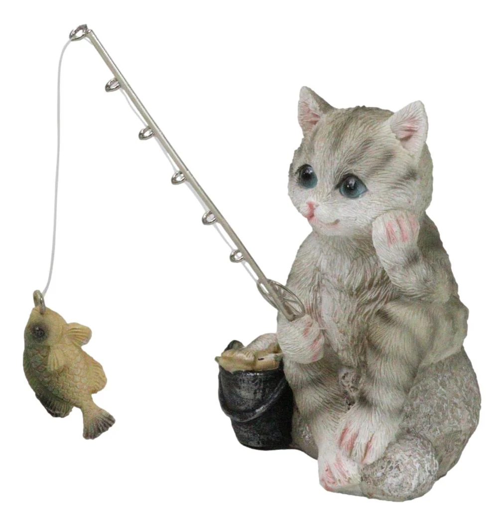 Lifelike Grey Tabby Cat Sitting by Pail of Fishes And Pole Fishing Figurine - Image 2