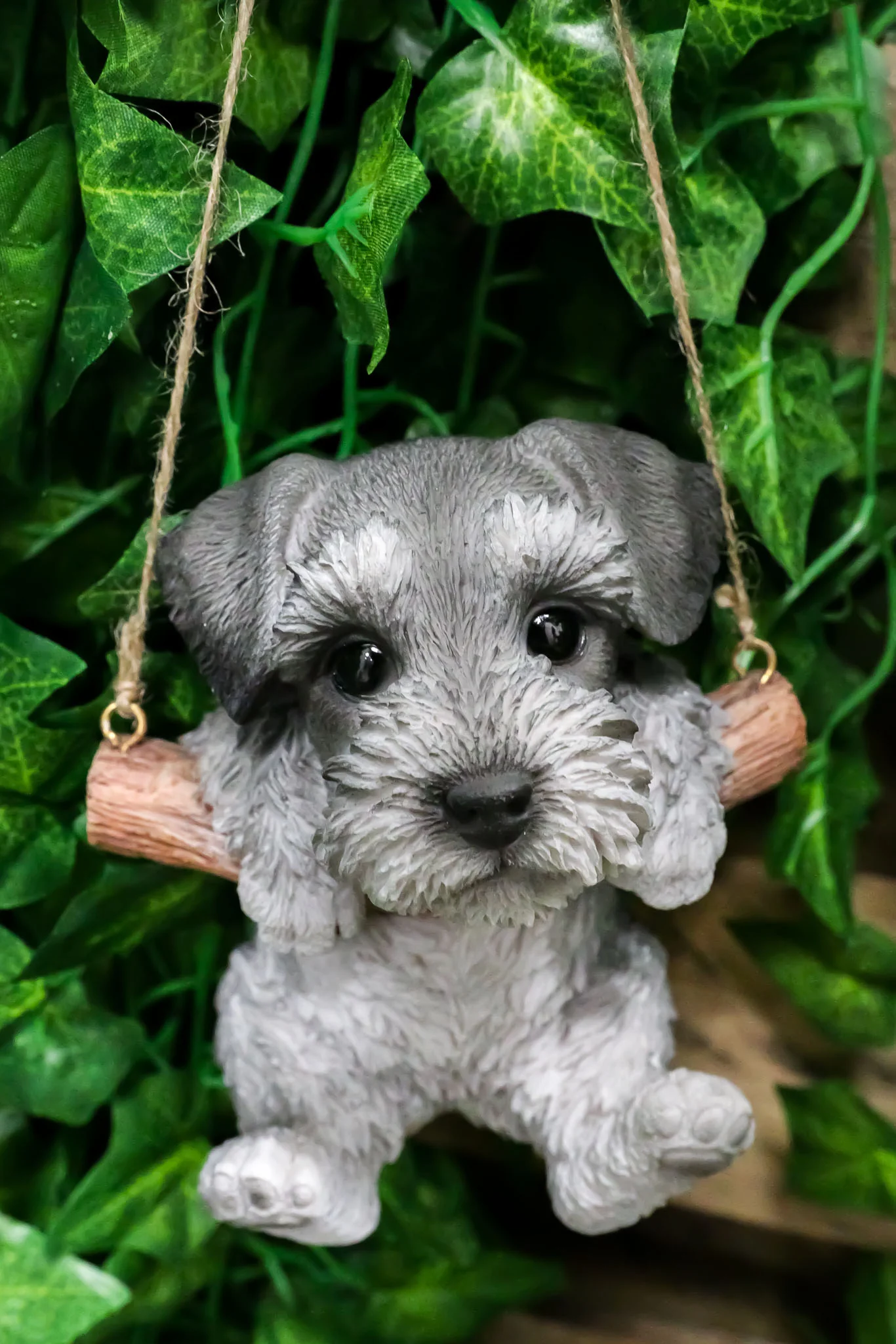 Lifelike Mini Schnauzer Puppy Macrame Branch Hanger 5.25"Tall With Jute Strings - Image 5