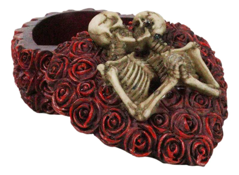 Love Never Dies Gothic Skeleton Lovers on Red Rose Wreath Decorative Trinket Box - Image 2