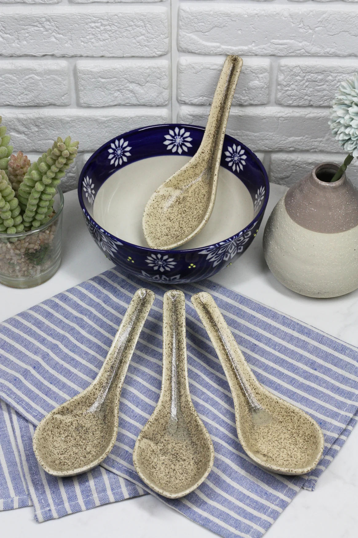 Ebros Made In Japan Modern Glazed Ceramic Sandstone Brown Soup Spoons Set Of 6 - Image 5