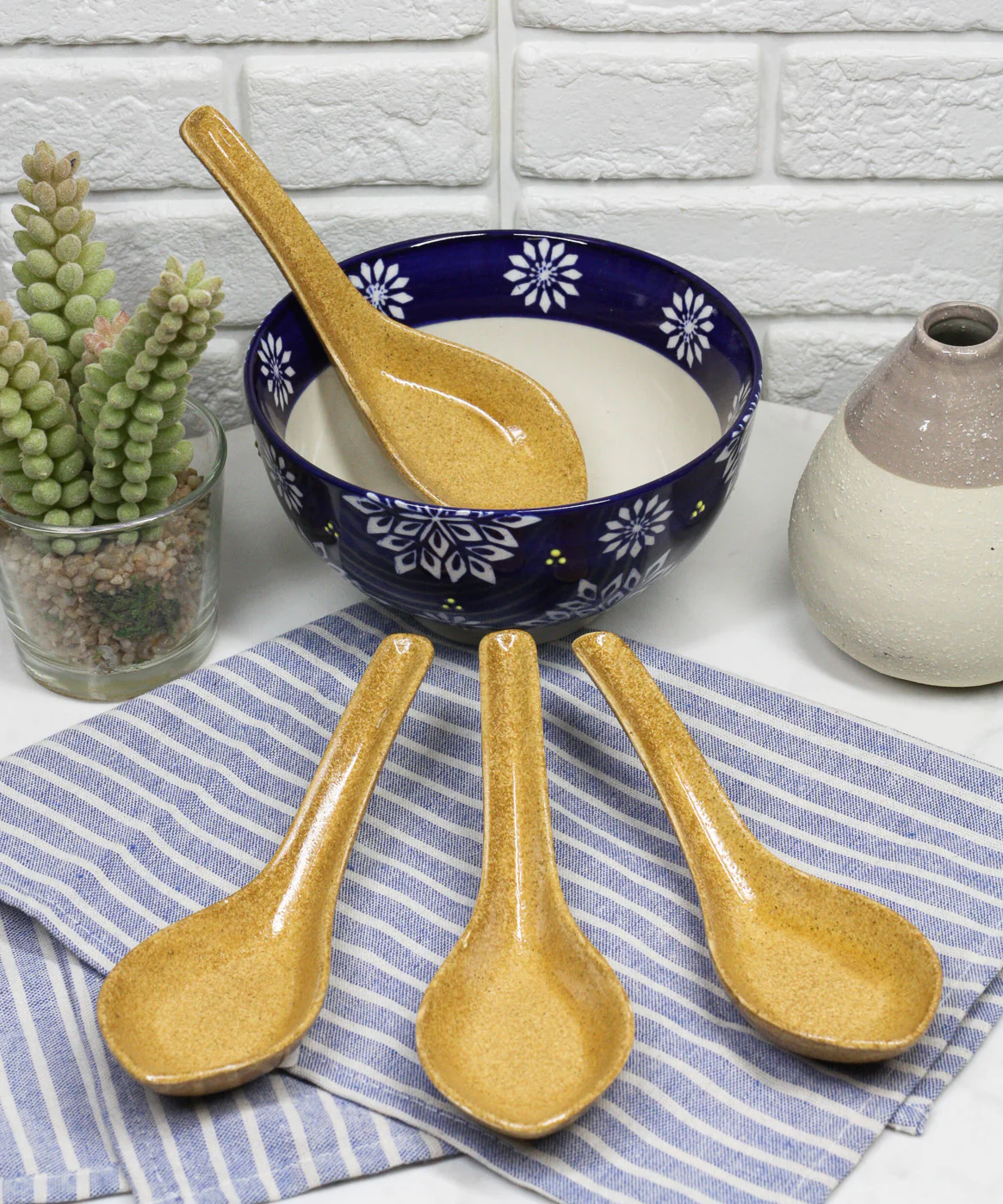 Ebros Made In Japan Modern Glazed Ceramic Speckled Yellow Soup Spoons Set Of 6 - Image 4
