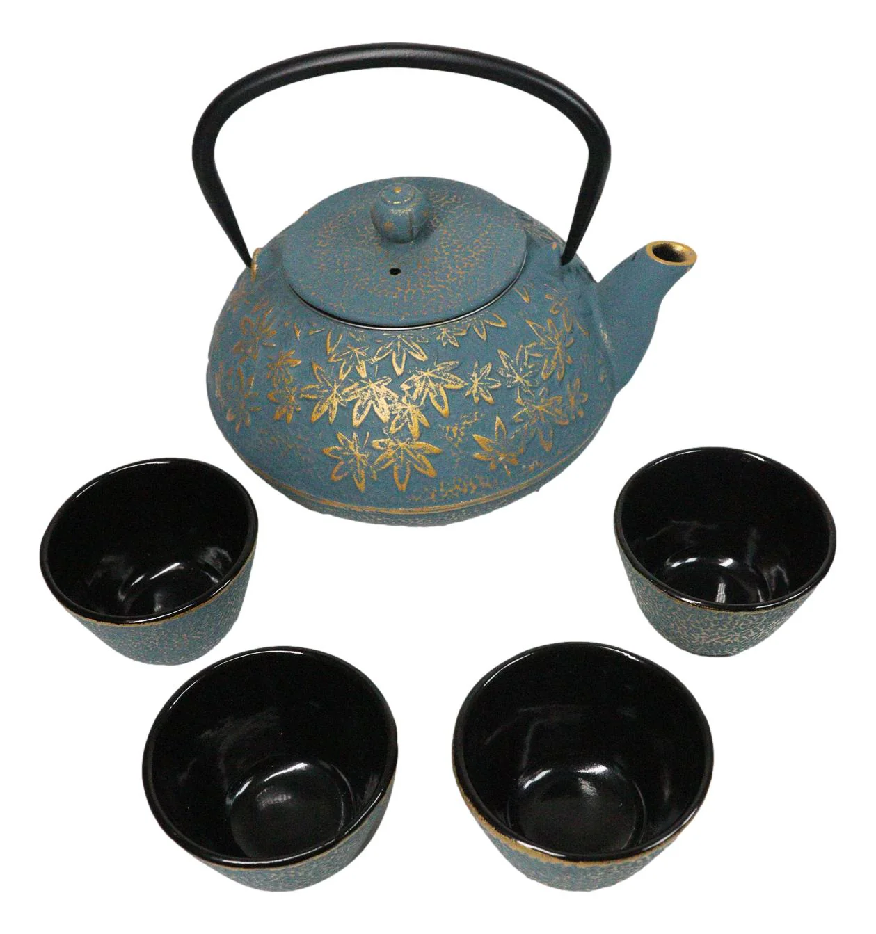 Maple Leaves Momiji Design Blue Tetsubin Cast Iron Tea Pot With 4 Cups Set 37oz - Image 4