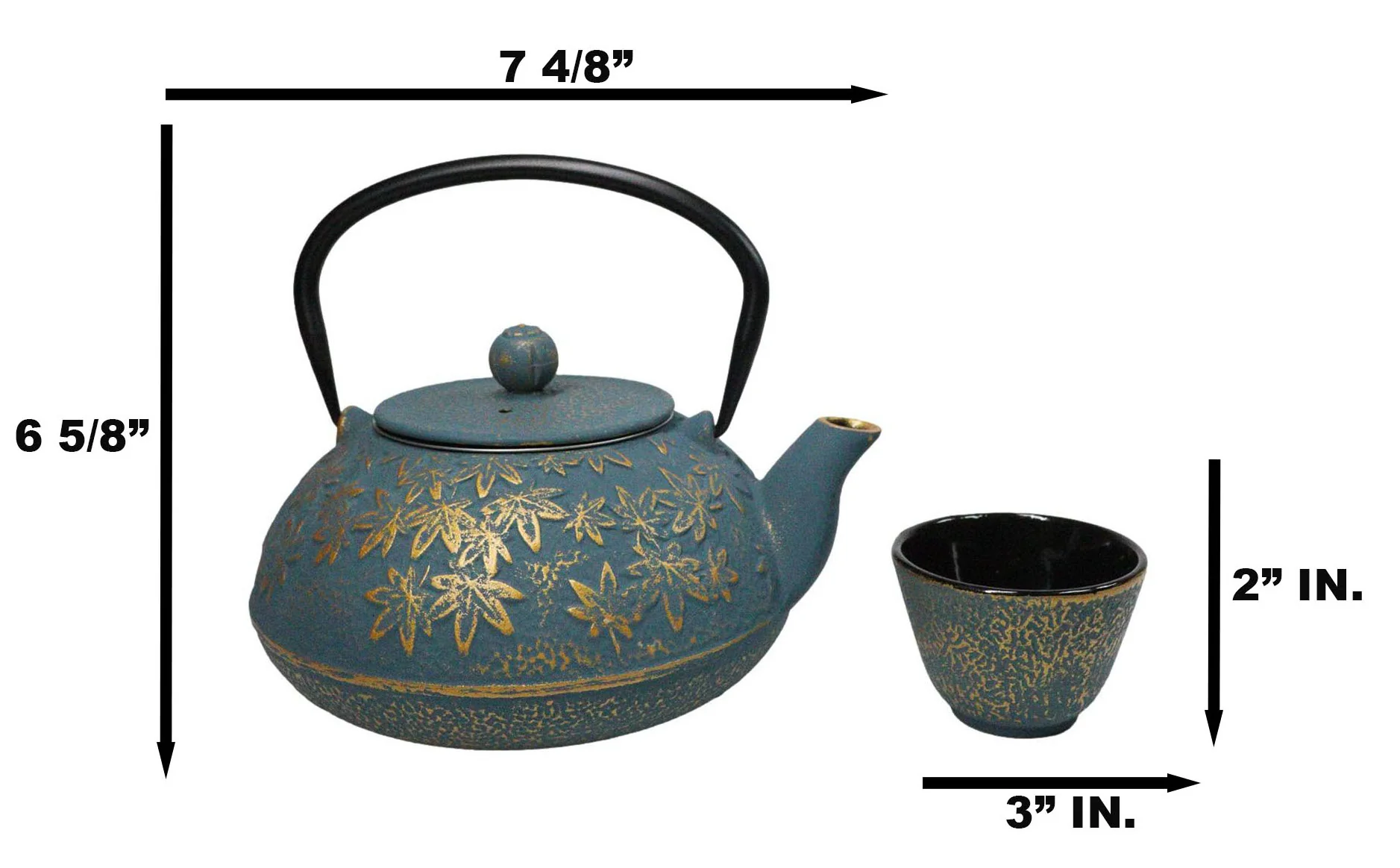 Maple Leaves Momiji Design Blue Tetsubin Cast Iron Tea Pot With 4 Cups Set 37oz - Image 5