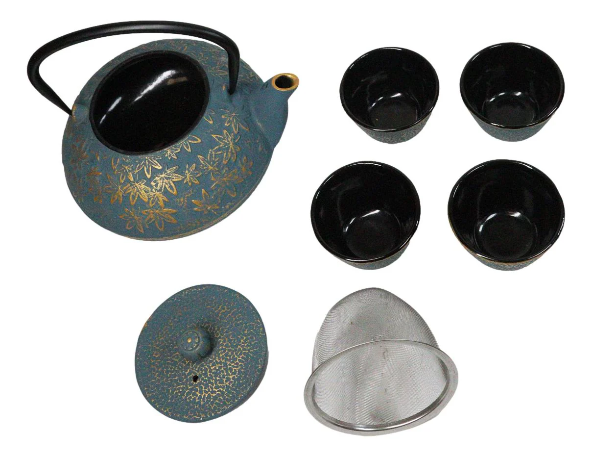 Maple Leaves Momiji Design Blue Tetsubin Cast Iron Tea Pot With 4 Cups Set 37oz - Image 6