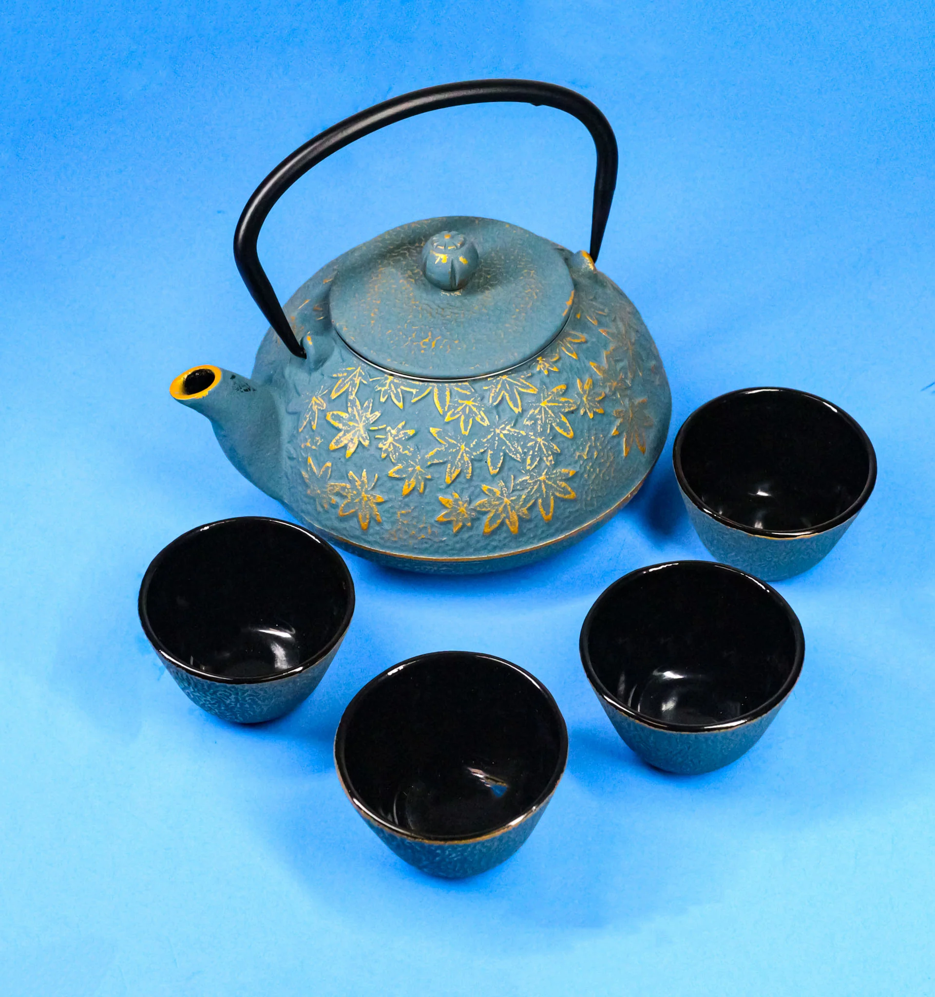 Maple Leaves Momiji Design Blue Tetsubin Cast Iron Tea Pot With 4 Cups Set 37oz - Image 8