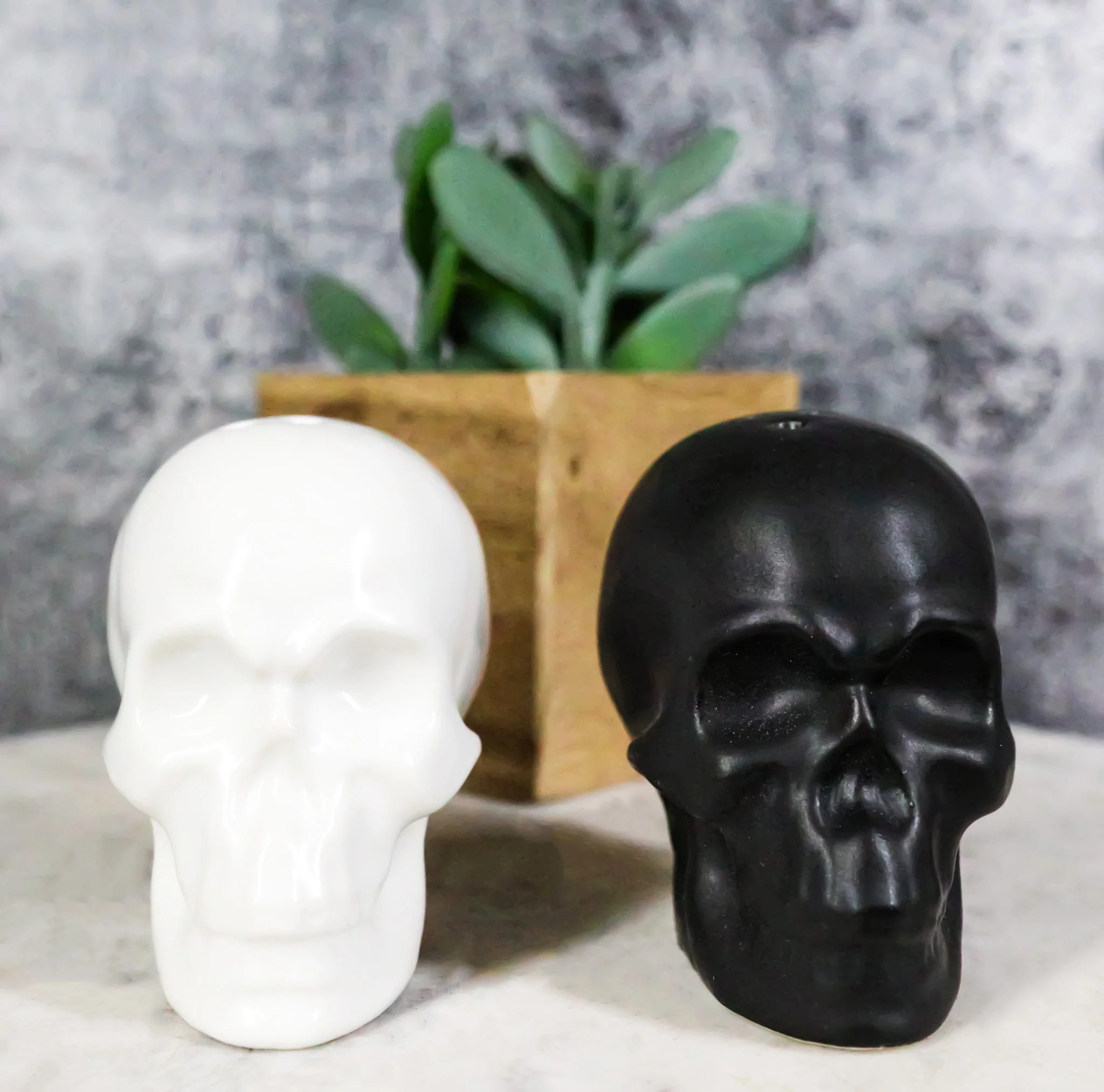 Matte Black And White Sugar Skulls Salt And Pepper Shakers Set Ceramic - Image 10