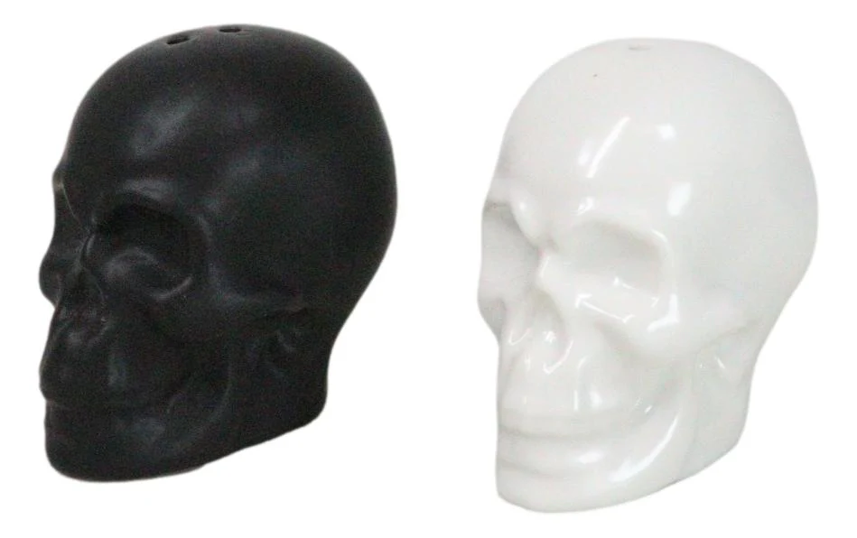 Matte Black And White Sugar Skulls Salt And Pepper Shakers Set Ceramic - Image 2