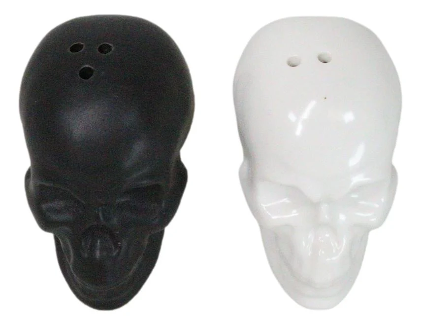 Matte Black And White Sugar Skulls Salt And Pepper Shakers Set Ceramic - Image 3