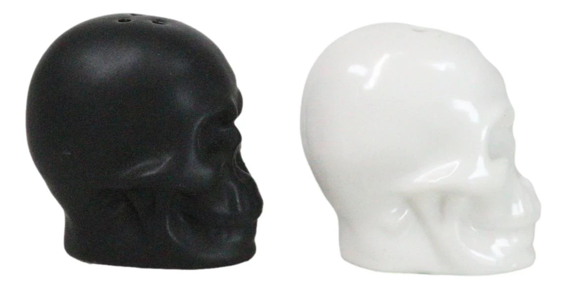 Matte Black And White Sugar Skulls Salt And Pepper Shakers Set Ceramic - Image 4