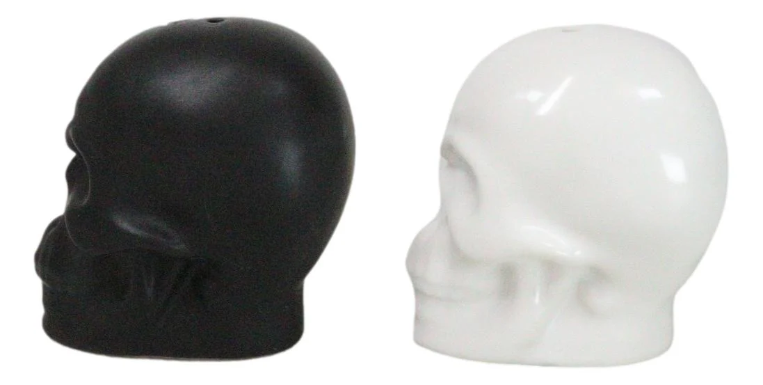 Matte Black And White Sugar Skulls Salt And Pepper Shakers Set Ceramic - Image 5