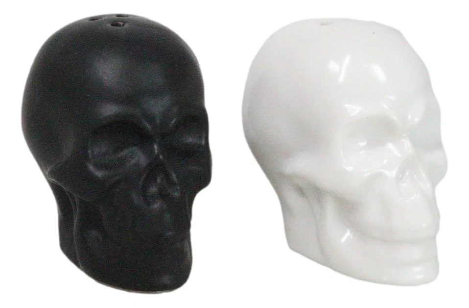 Matte Black And White Sugar Skulls Salt And Pepper Shakers Set Ceramic - Image 6
