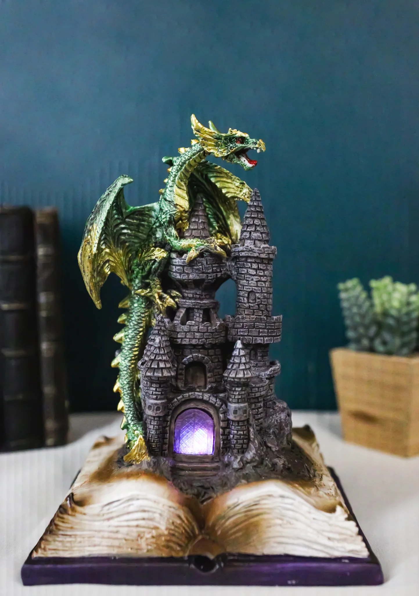 Medieval Green Dragon Perching On LED Castle With Book of Spells Figurine - Image 9