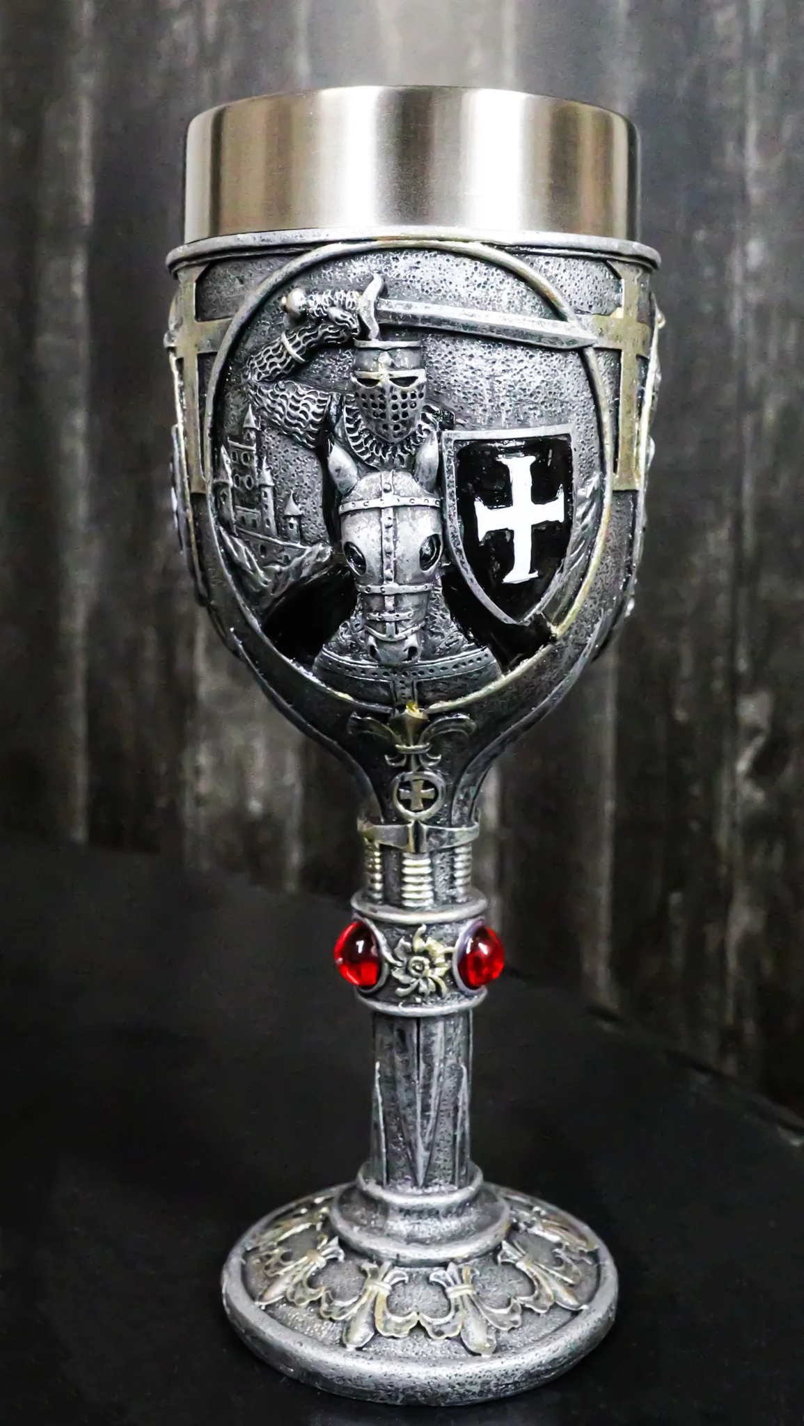 Medieval Templar Crusader Dark Knight Suit of Armor On Horse Wine Goblet Chalice - Image 9