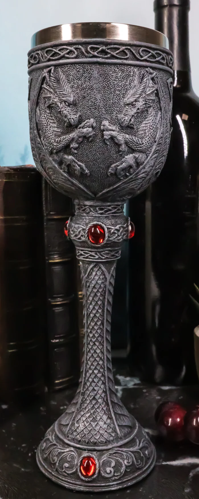 Medieval Alchemy Dual Twin Dragons Guarding Blood Crystals Wine Goblet Chalice
