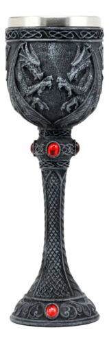Medieval Alchemy Dual Twin Dragons Guarding Blood Crystals Wine Goblet Chalice - Image 2