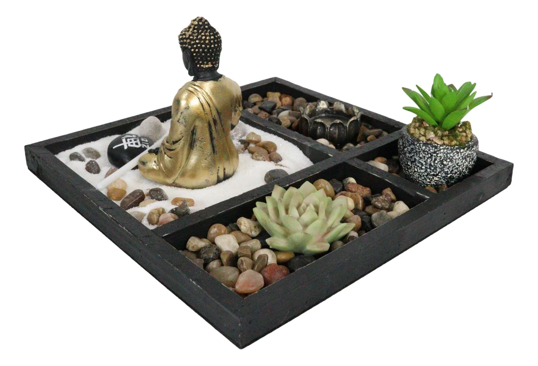 Meditating Buddha Zen Garden Kit With Lotus Candle Holders Sand Rake Succulents - Image 3