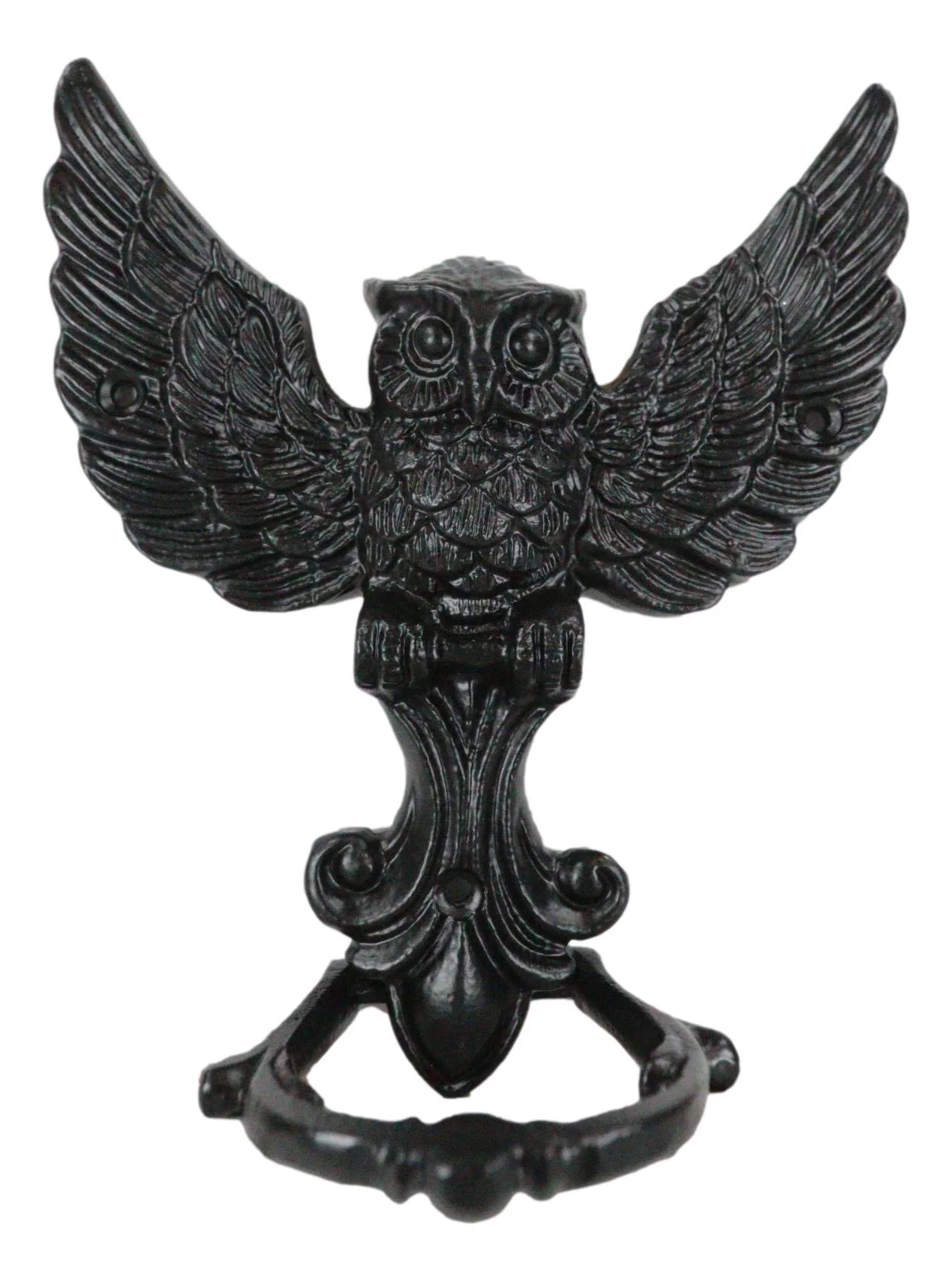 Metal Rustic Flying Wise Great Horned Owl Fleur De Lis Door Knocker Sculpture - Image 2