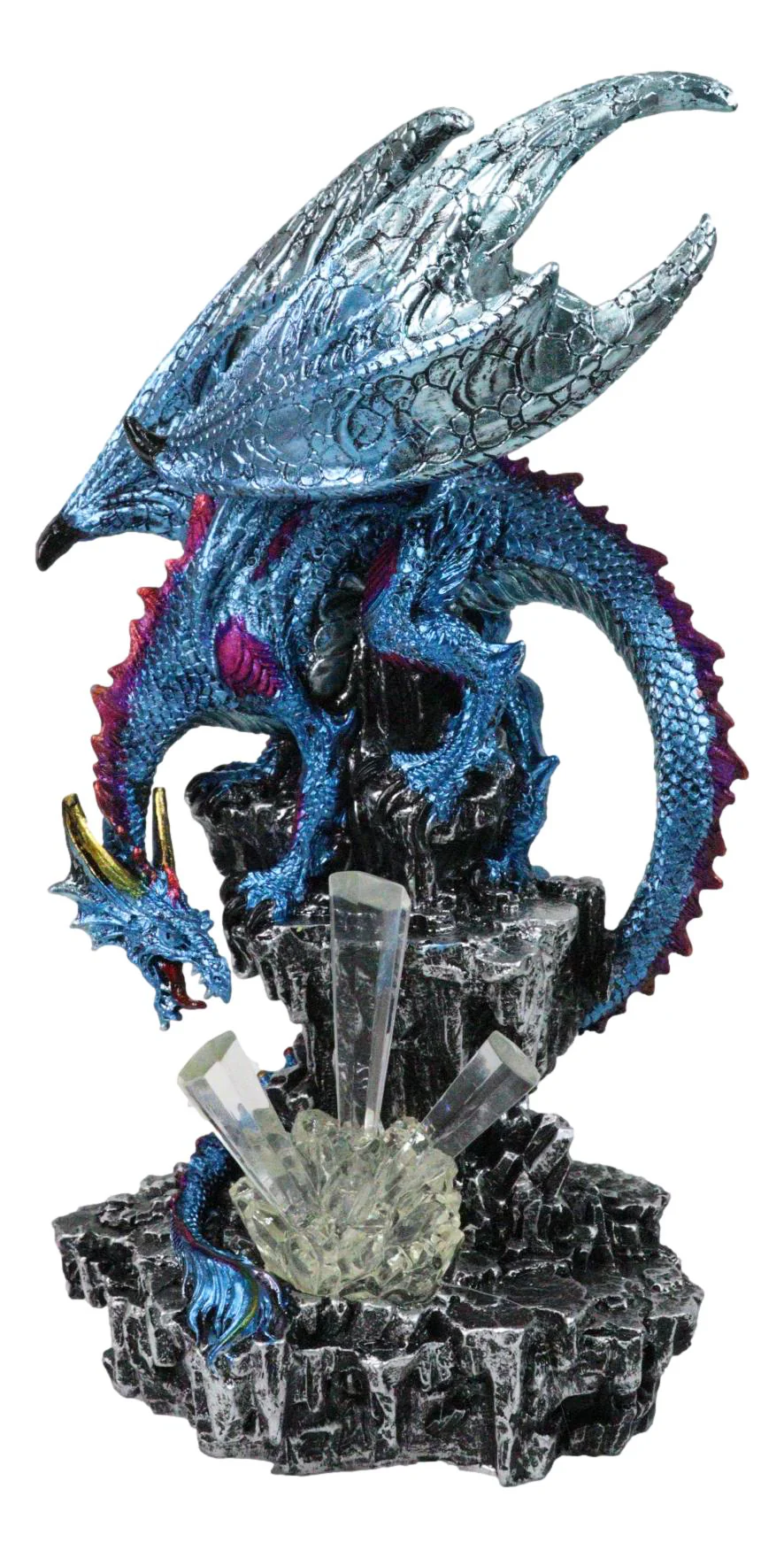 Metallic Blue Dragon with Magenta Spikes Guarding Bottle Ice Crystals Figurine - Image 3