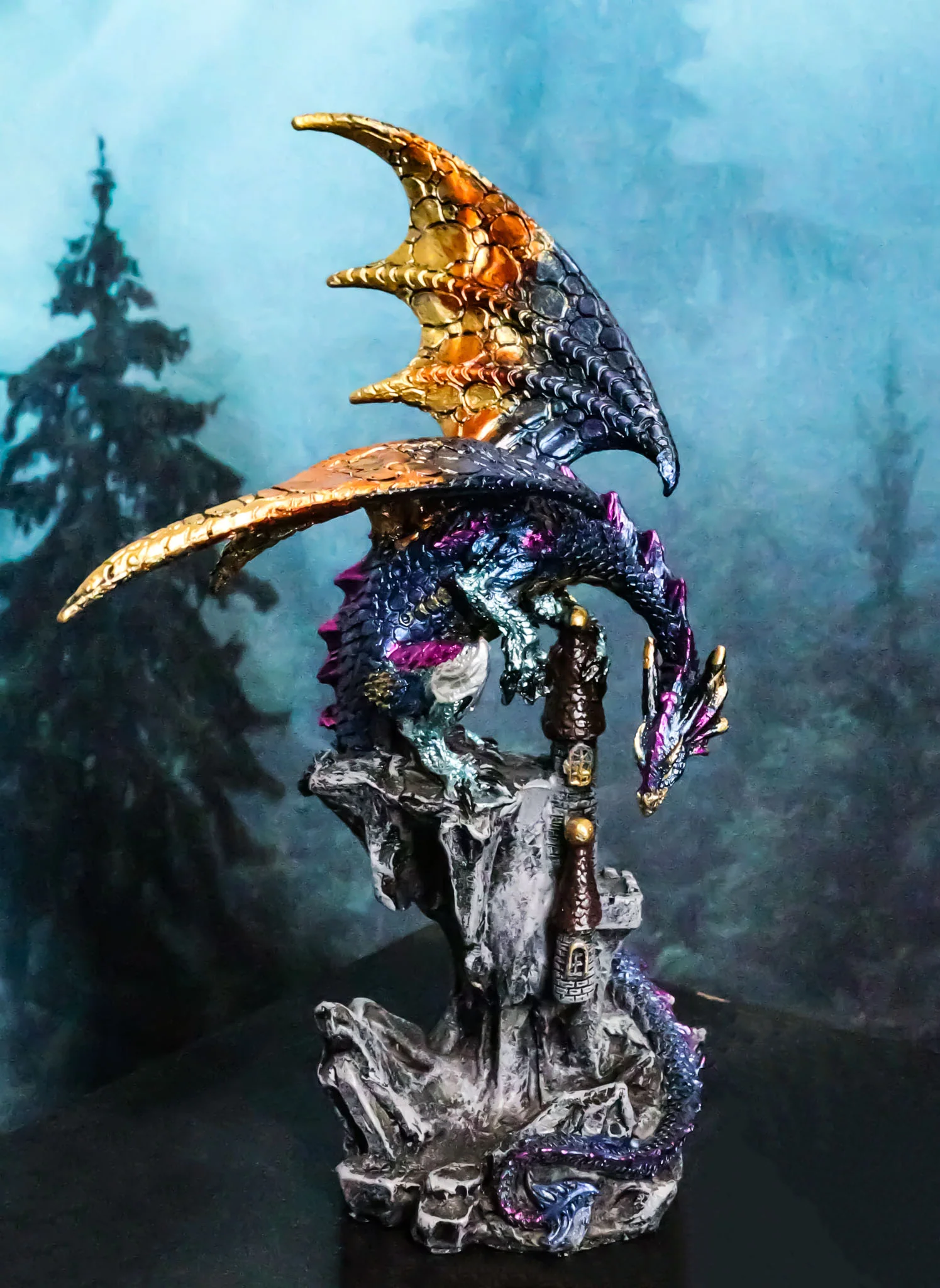 Metallic Blue Iridescent Dragon Protecting Castle On Mountain Cliff Figurine - Image 10