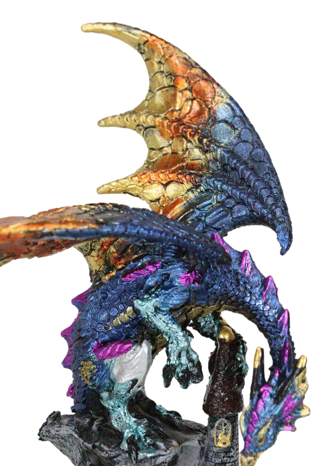Metallic Blue Iridescent Dragon Protecting Castle On Mountain Cliff Figurine - Image 2