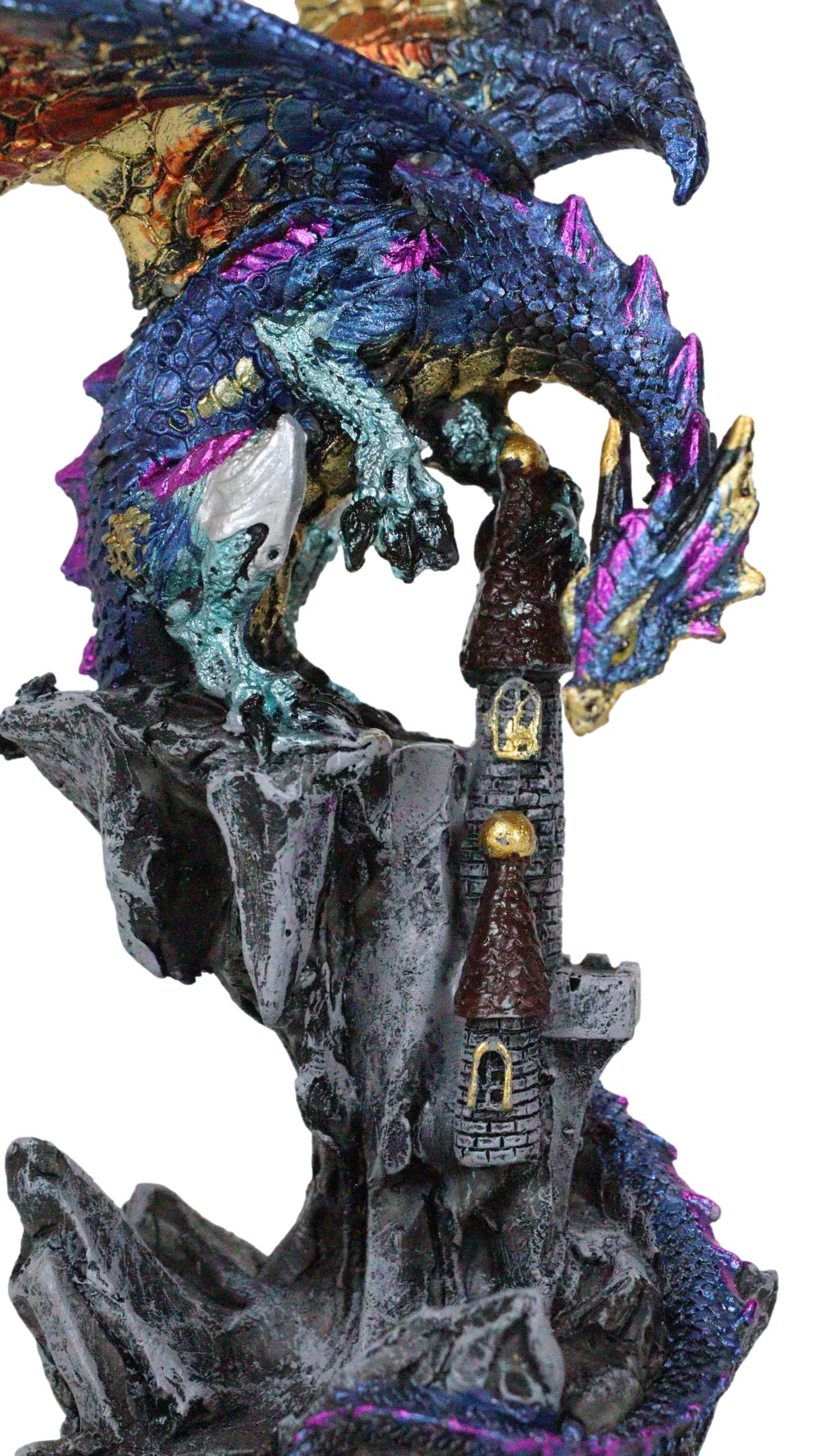 Metallic Blue Iridescent Dragon Protecting Castle On Mountain Cliff Figurine - Image 3