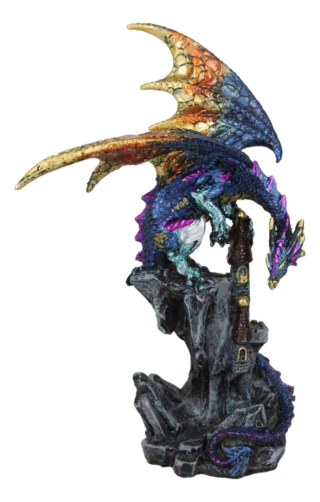 Metallic Blue Iridescent Dragon Protecting Castle On Mountain Cliff Figurine - Image 4