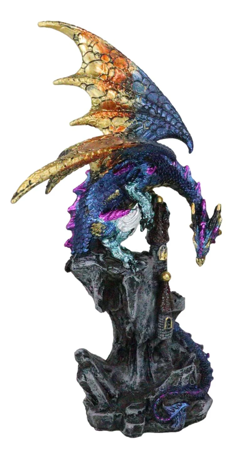 Metallic Blue Iridescent Dragon Protecting Castle On Mountain Cliff Figurine - Image 5