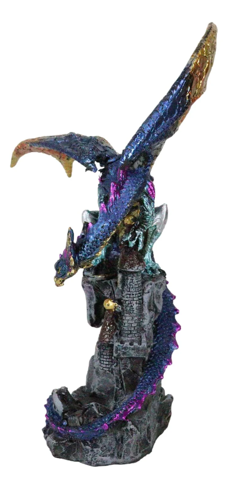 Metallic Blue Iridescent Dragon Protecting Castle On Mountain Cliff Figurine - Image 6