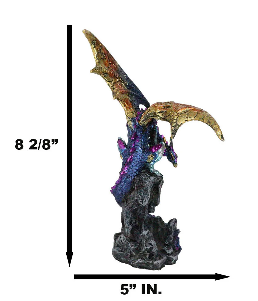 Metallic Blue Iridescent Dragon Protecting Castle On Mountain Cliff Figurine - Image 7