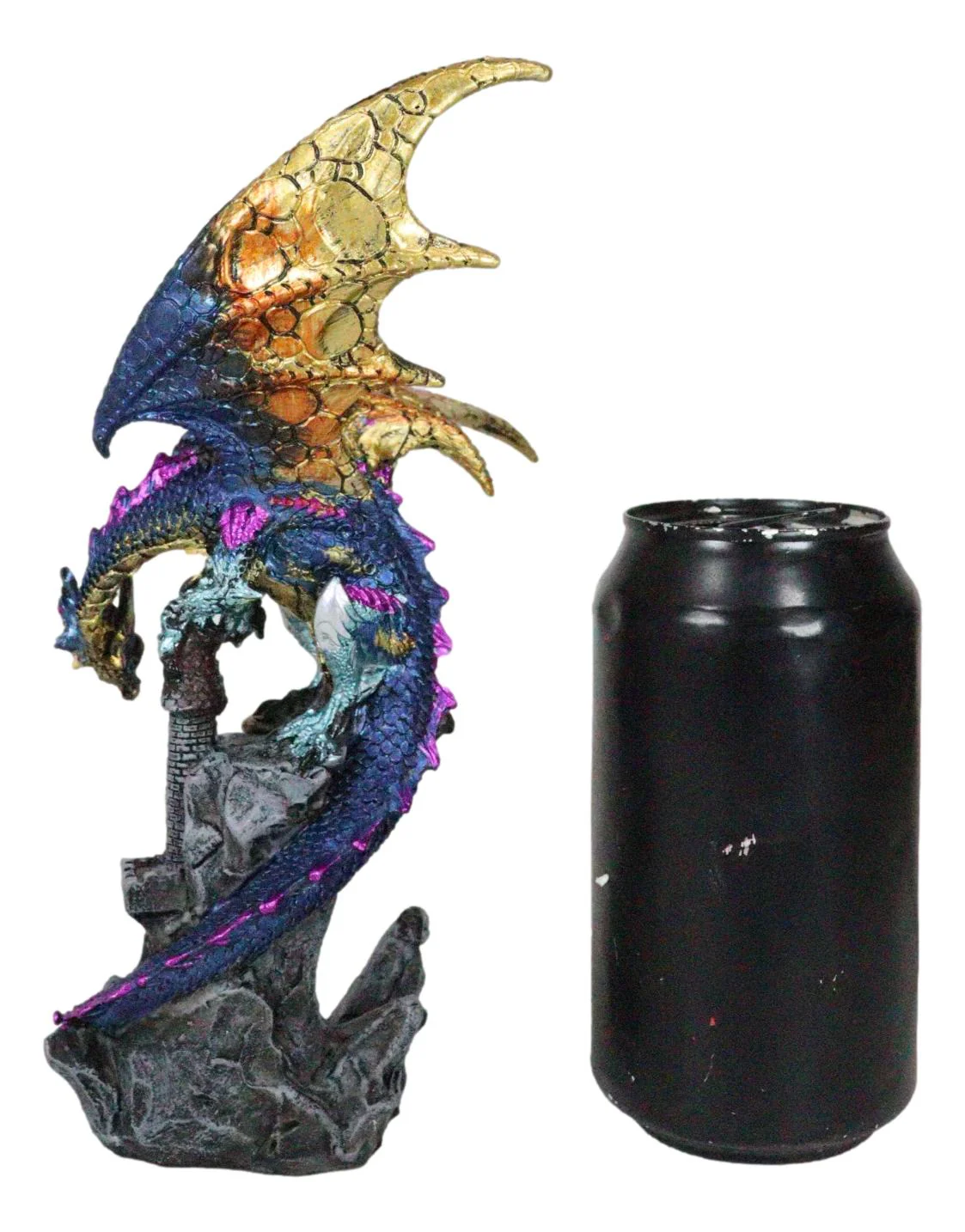 Metallic Blue Iridescent Dragon Protecting Castle On Mountain Cliff Figurine - Image 8