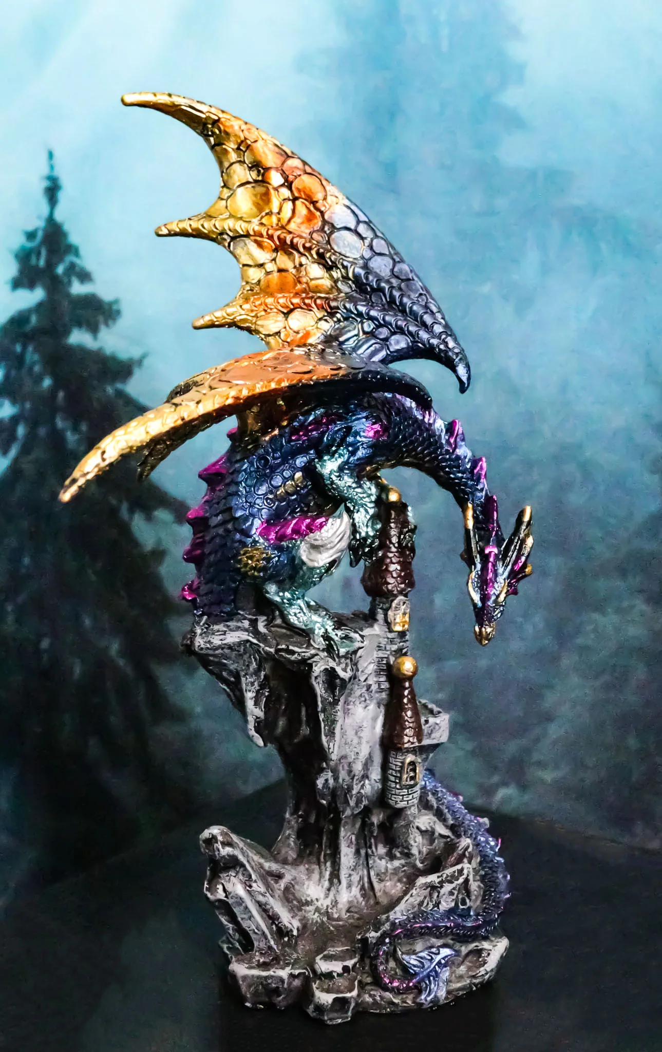 Metallic Blue Iridescent Dragon Protecting Castle On Mountain Cliff Figurine - Image 9