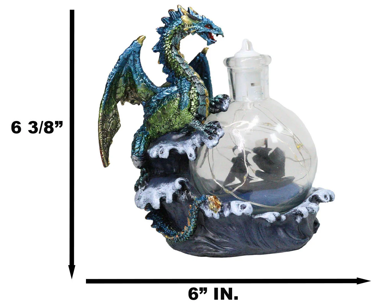Metallic Frozen Sea Dragon Rising Above Waves by Glass Bottle With Ship Figurine - Image 7