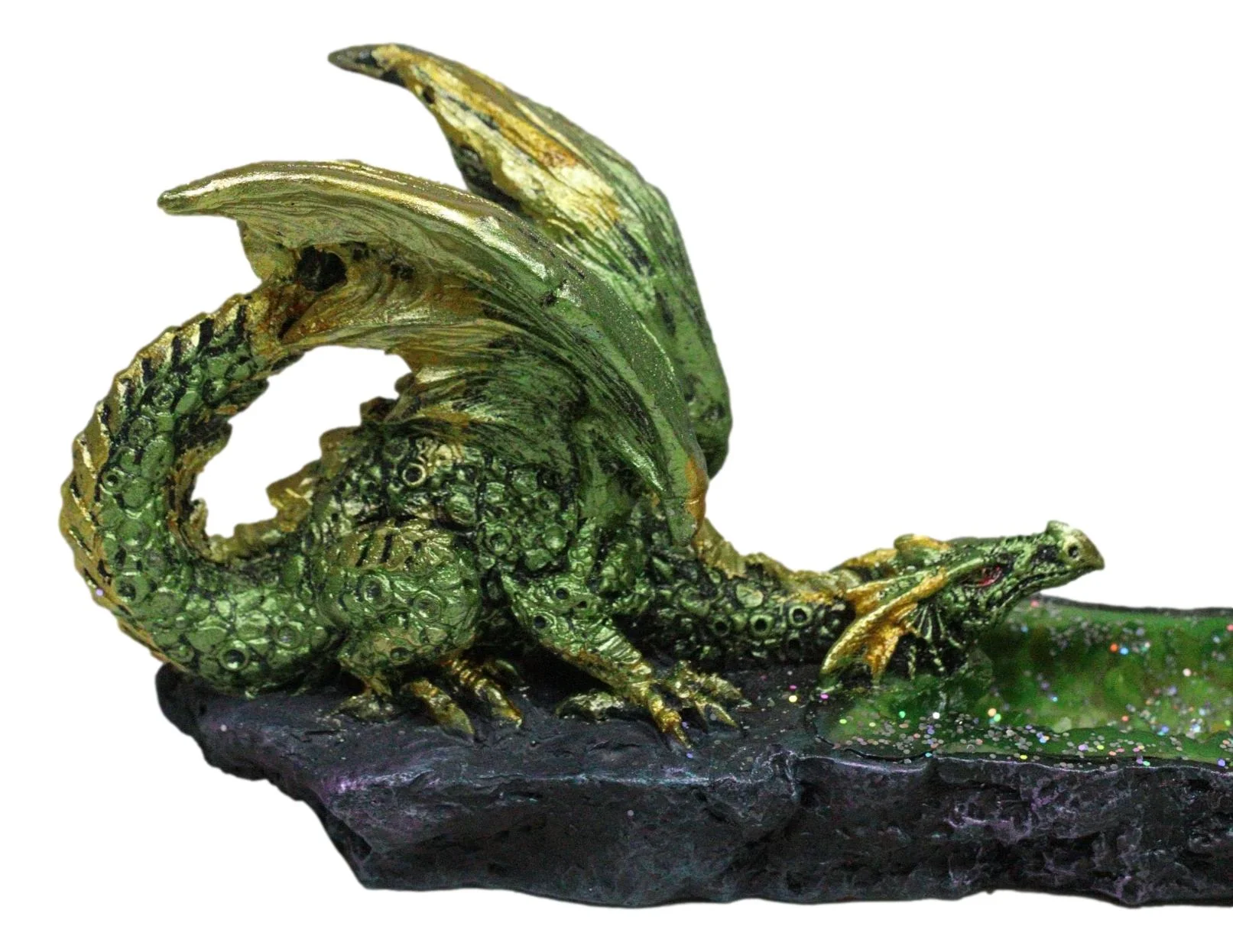 Metallic Green Gold Dragon Crouching On Faux Crystal Geode Basin Incense Holder - Image 6